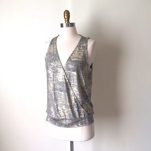 Silver Metallic Sleeveless Wrap Blouse